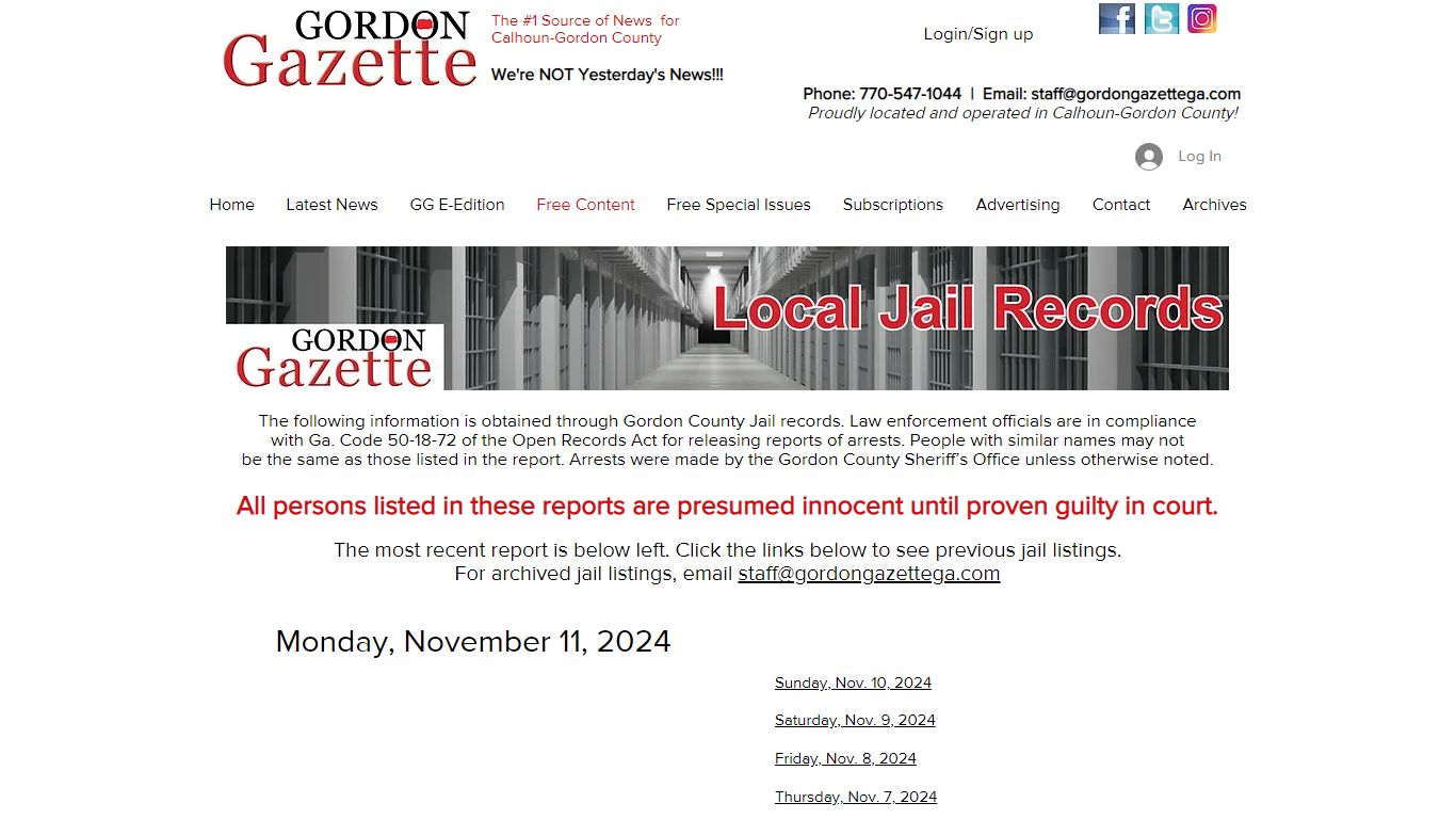 Jail Records | Gordon Gazette